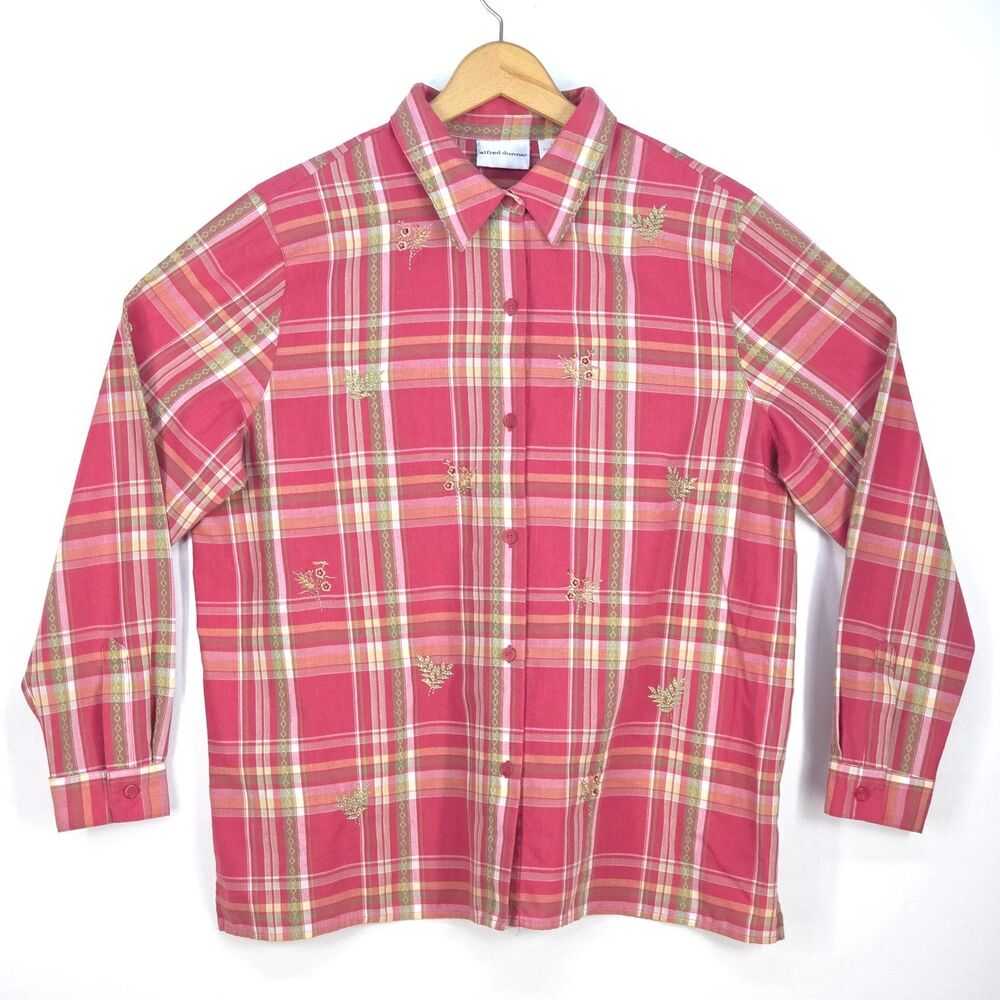 ALFRED DUNNER Plaid Button Up Shirt Women 18 Pink Gold Embroidered Cabin Cottage